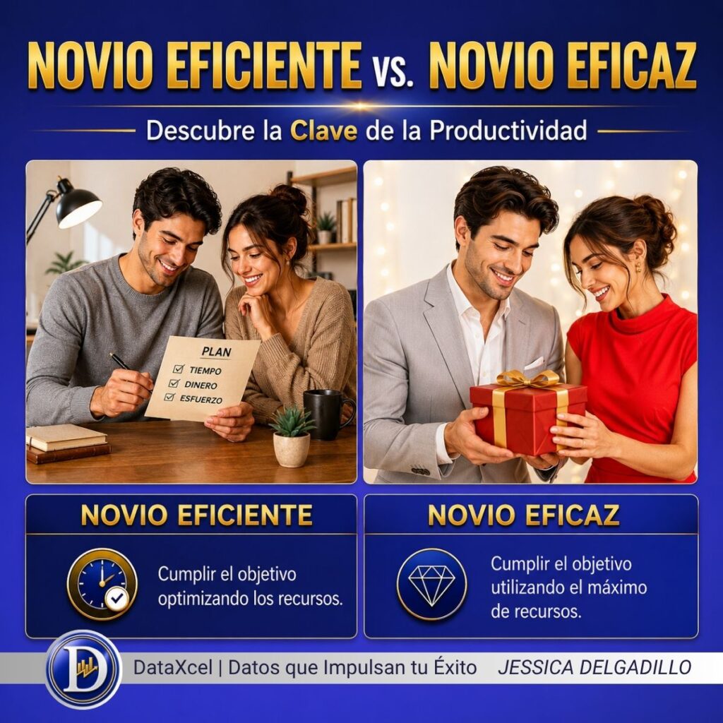 Comparación entre novio eficiente y novio eficaz para explicar la diferencia entre eficiencia, eficacia y productividad.