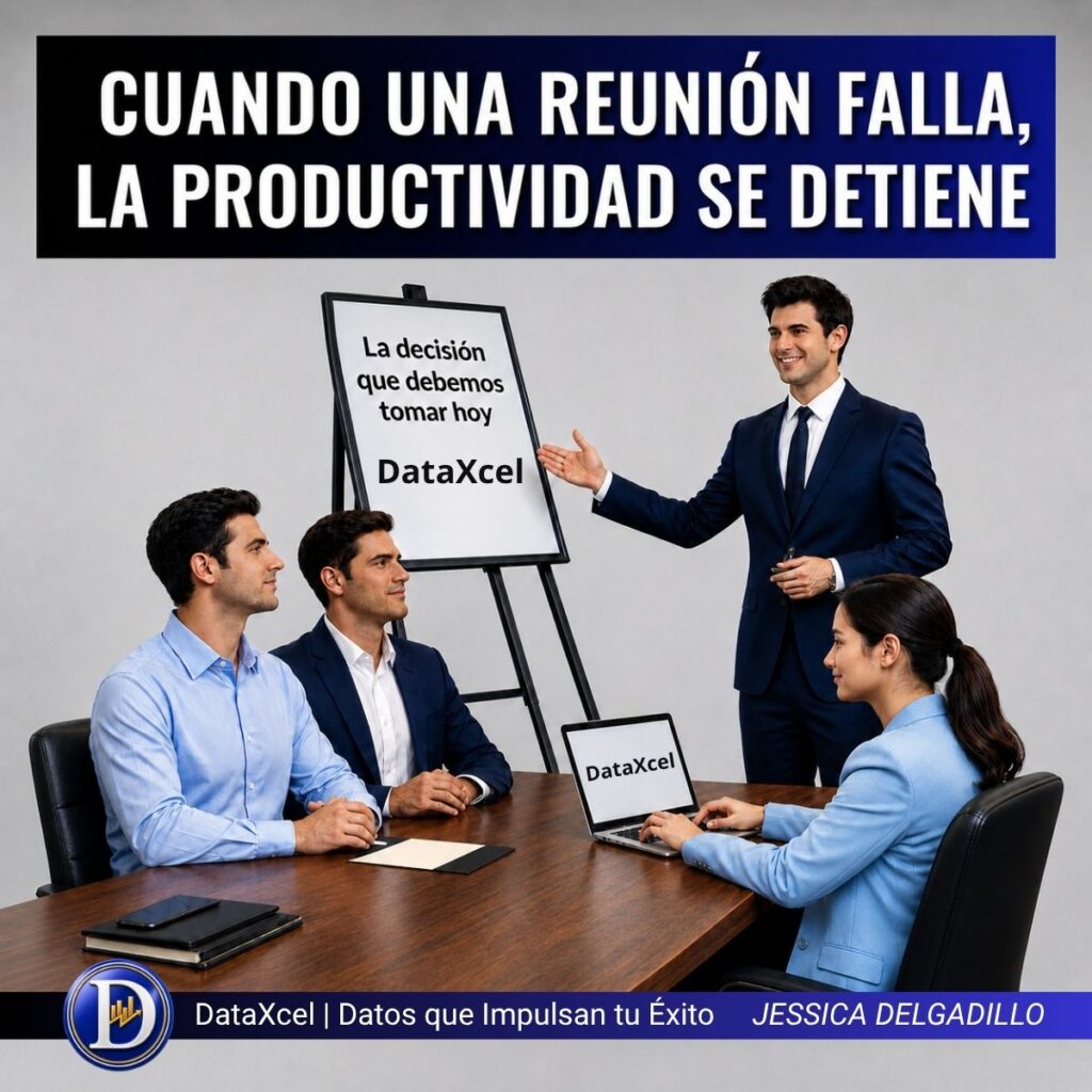 Ilustración de una reunión empresarial donde se destaca la importancia de tomar decisiones claras para evitar que la productividad se detenga.