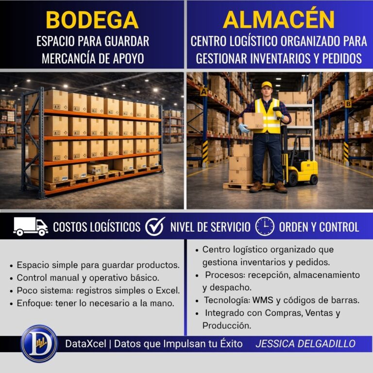 Comparación entre bodega y almacén mostrando su impacto en los costos logísticos, el control de inventario y el nivel de servicio.