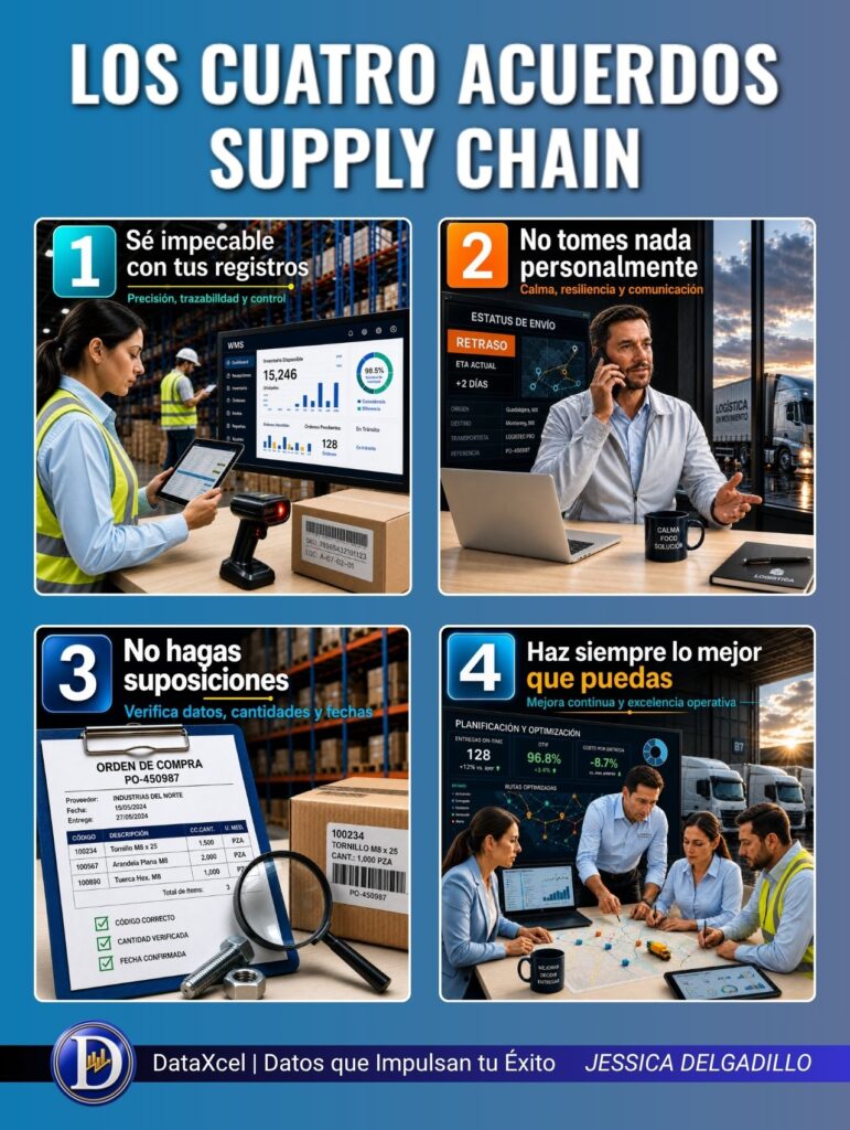 Representación visual de los cuatro acuerdos aplicados a la gestión logística y la excelencia operativa en Supply Chain.