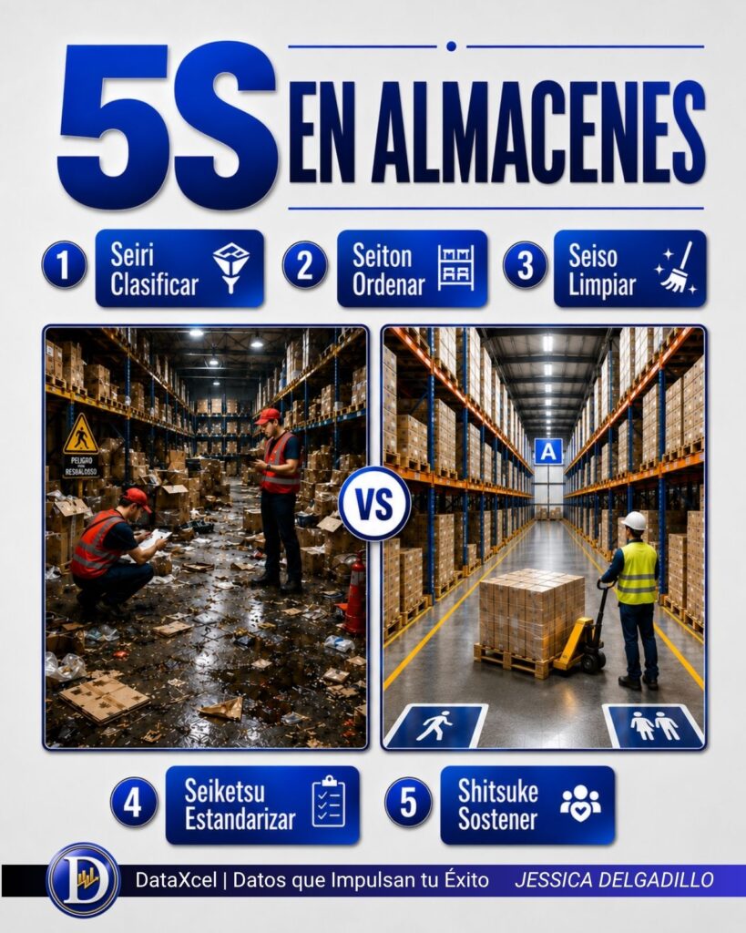Metodología 5S en almacenes para mejorar el orden y la eficiencia operativa.